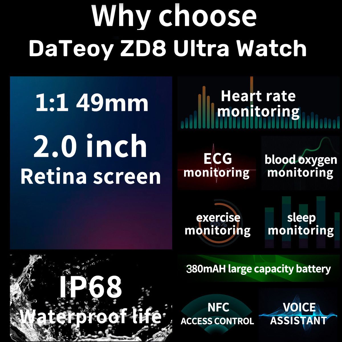DaTeoy ZD8 Ultra Smart Watch Series 8 49mm Titanium Alloy Body 2.0" Retina Screen BT Call NFC ECG IP68 Waterproof Smartwatch Men
