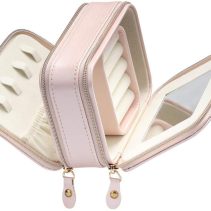 Jewelry Case with Double Zippers and Built-in Mirror Small Size PU Leather for Women and Girls Rings Earrings Necklace Organizer Jewelry Storage Box