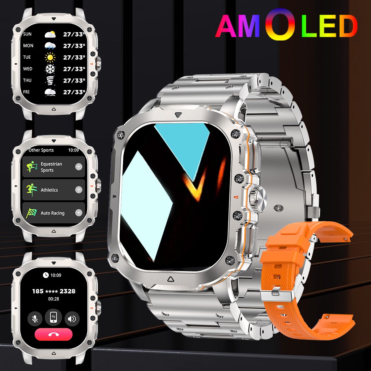 Smart Watches, AMOLED HD Touch Screen Smart Watch With Voice Assistant/Message Reminder/Weather Forcest/Sport Modes, Fashion Outdoor Fitness Watch With Adjustable Band, Compatible For Android/Iphone,